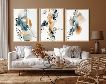 Abstract Set of 3 Art Prints Wall Decor, Blue Burnt Orange Living Room Wall Art, Extra Large Wall Prints, Abstract Watercolor Paintings Art