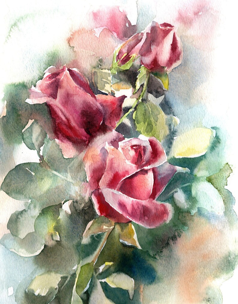 Loose style roses art print roses watercolor print bright Etsy