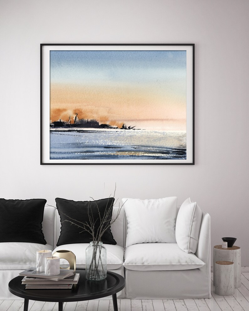 Seascape Minimalist Wall Art Print Calming Nature Blue Orange Etsy