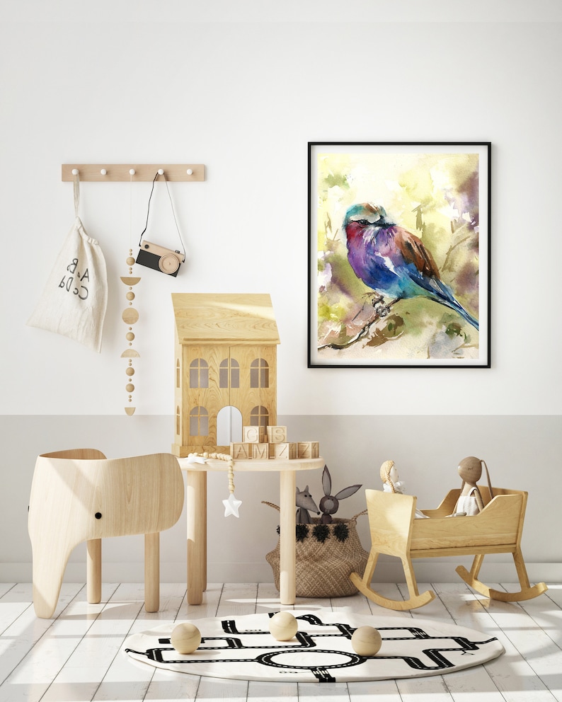 Lilac Tanager Art Print Poster of Bird Wall Fine Art Print Decor Kids Room Interior Art Colorful Bird Loose Style Watercolor Painting