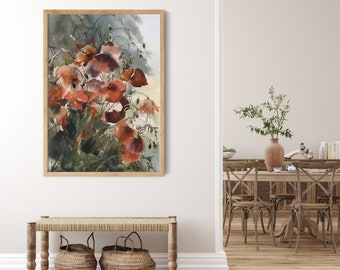 Mohnblumen Art Print, roter Mohn Blumen Aquarell Malerei, Blumen Wandkunst, große Blumen Wandkunst, botanische Wand-Dekor, Blumen Art