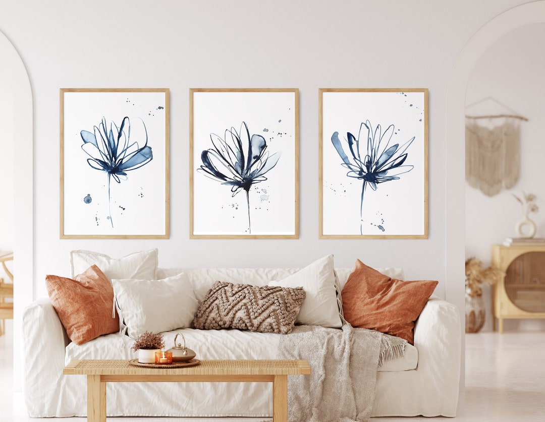 Set of 3 Abstract Flowers Art Prints Inky Blue Floral - Etsy