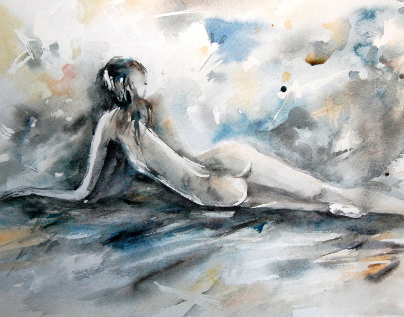 Naked woman female nude original watercolor painting shadows on the wall painting by halyna kirichenko