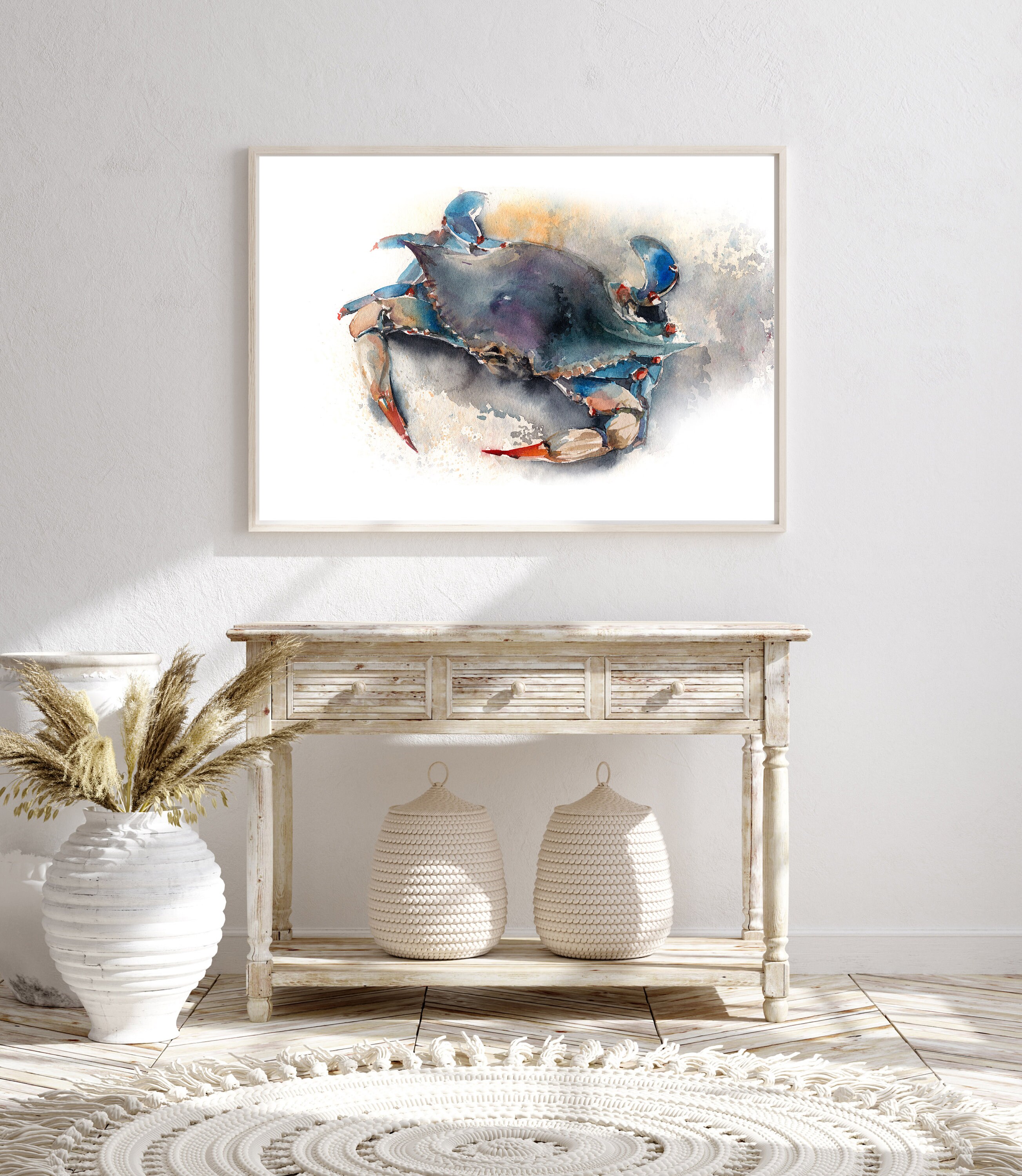 ブルーカニの水彩画、海の動物のアートプリント、ファインアート