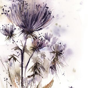 May include: Watercolor painting of purple thistle flowers with delicate brushstrokes. The artwork features a soft, diffused background with subtle shades of lavender and gray, creating a dreamy, artistic aesthetic. The flowers are the focal point.