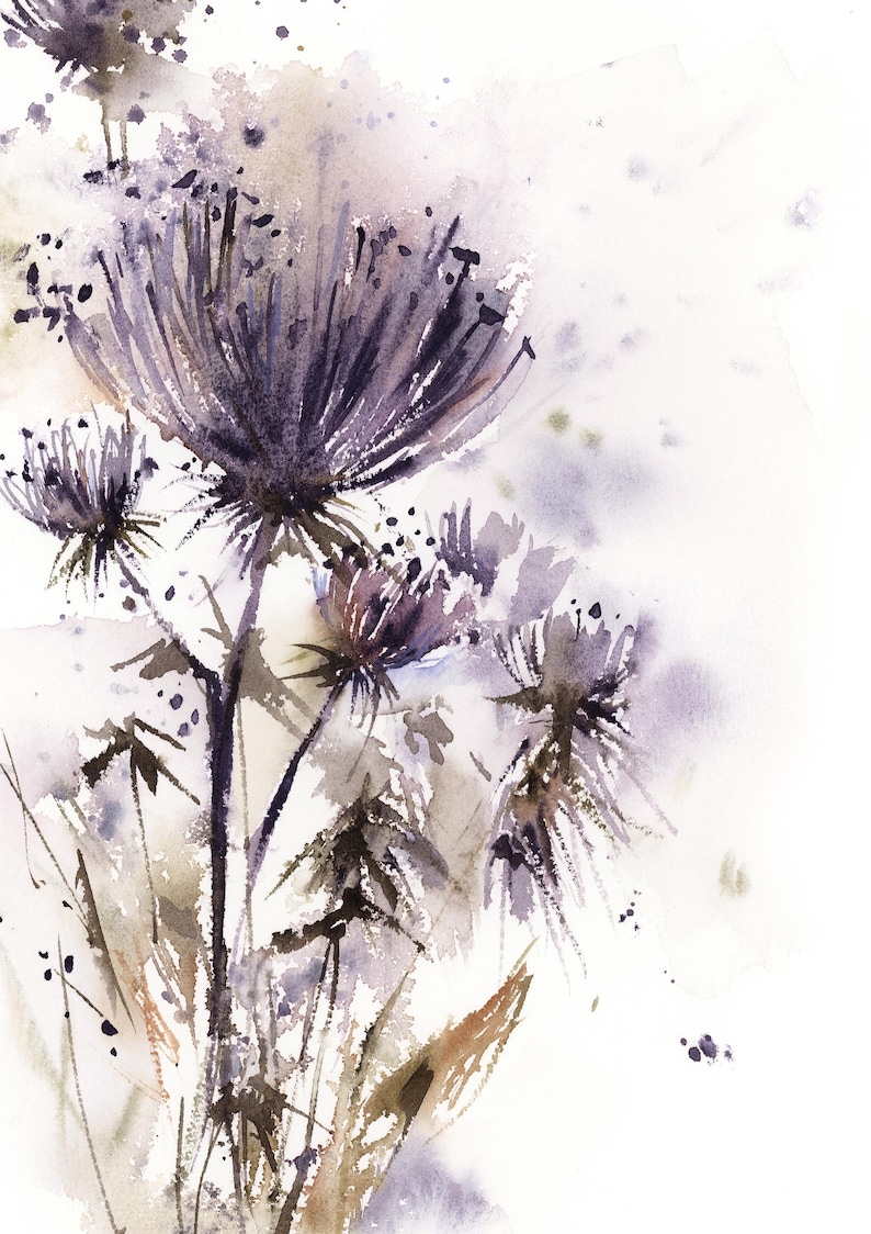 May include: Watercolor painting of purple thistle flowers with delicate brushstrokes. The artwork features a soft, diffused background with subtle shades of lavender and gray, creating a dreamy, artistic aesthetic. The flowers are the focal point.