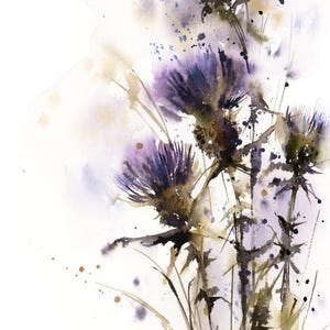 May include: Watercolor painting of purple thistle flowers with dark green stems and leaves. The artwork features a soft, blurred background with splashes of color, creating a delicate and artistic floral composition.