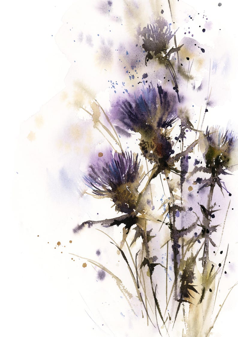 May include: Watercolor painting of purple thistle flowers with dark green stems and leaves. The artwork features a soft, blurred background with splashes of color, creating a delicate and artistic floral composition.