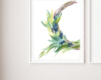 Easter wreath fine art print, blue and green art print, watercolor painting art, green minimalist modern wall art print