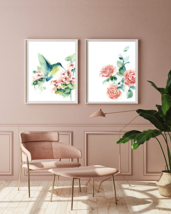 Hummingbird and Roses Paintings 2 Art Prints Gallery Wall Set - Etsy