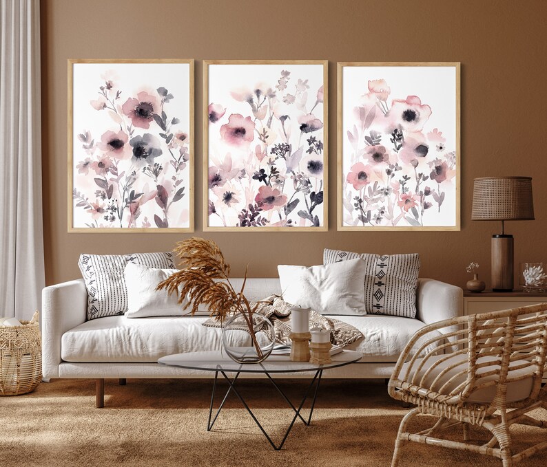 Pastel Pink Gallery Wall 3 Fine Art Prints Set, Abstract Flowers ...