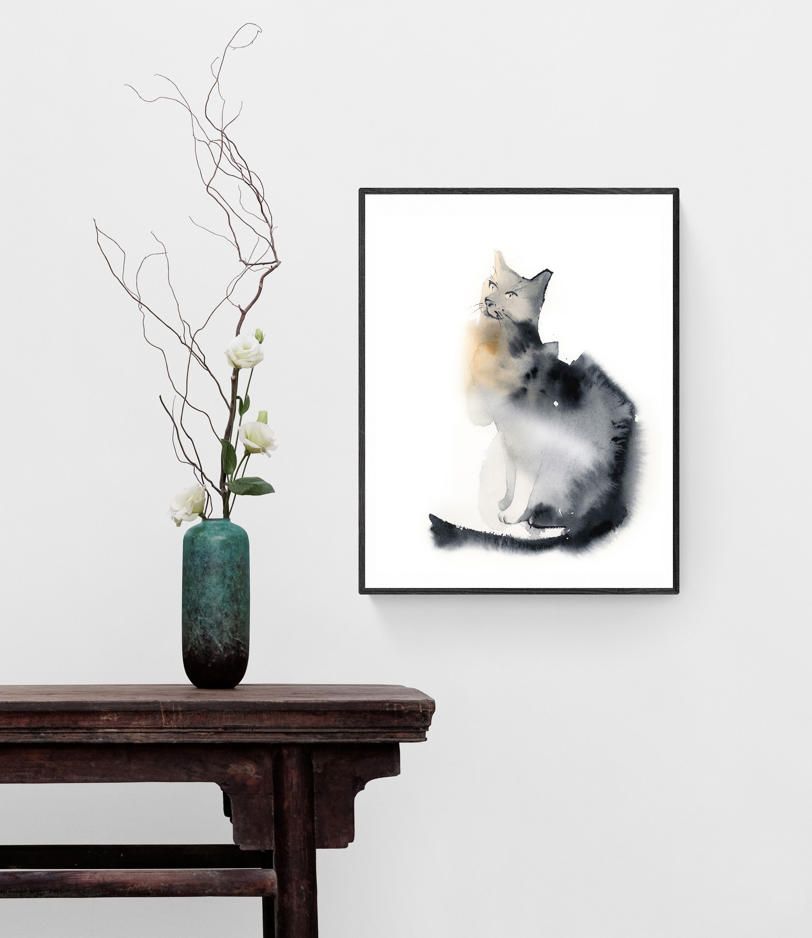 Cat Painting Art Print Grey Minimalist Cat Watercolor Print Etsy