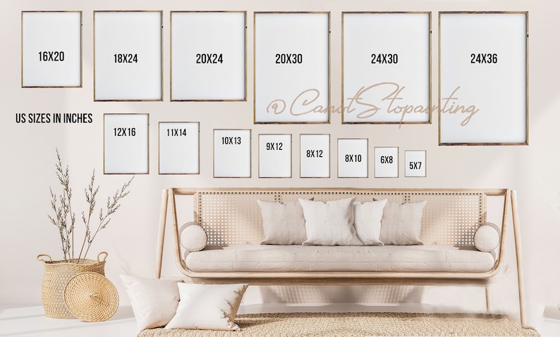 May include: A selection of framed art prints in sizes such as 40x50 cm, 45x60 cm, and 50x60 cm, displayed on a wall. The frames have a natural wood finish. The image also shows a sofa with pillows and a woven basket.