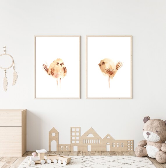 Nursery Bird Wall Decor 2 Art Prints Set Bird Illustration Etsy