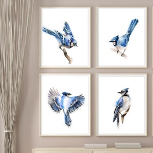 Blue Jay Bird Painting Watercolor Prints, Birds Gallery Wall Set of 4 Fine Art Prints, Bird Wall Art Decor Giclee Prints, Bird Illustrations image 3