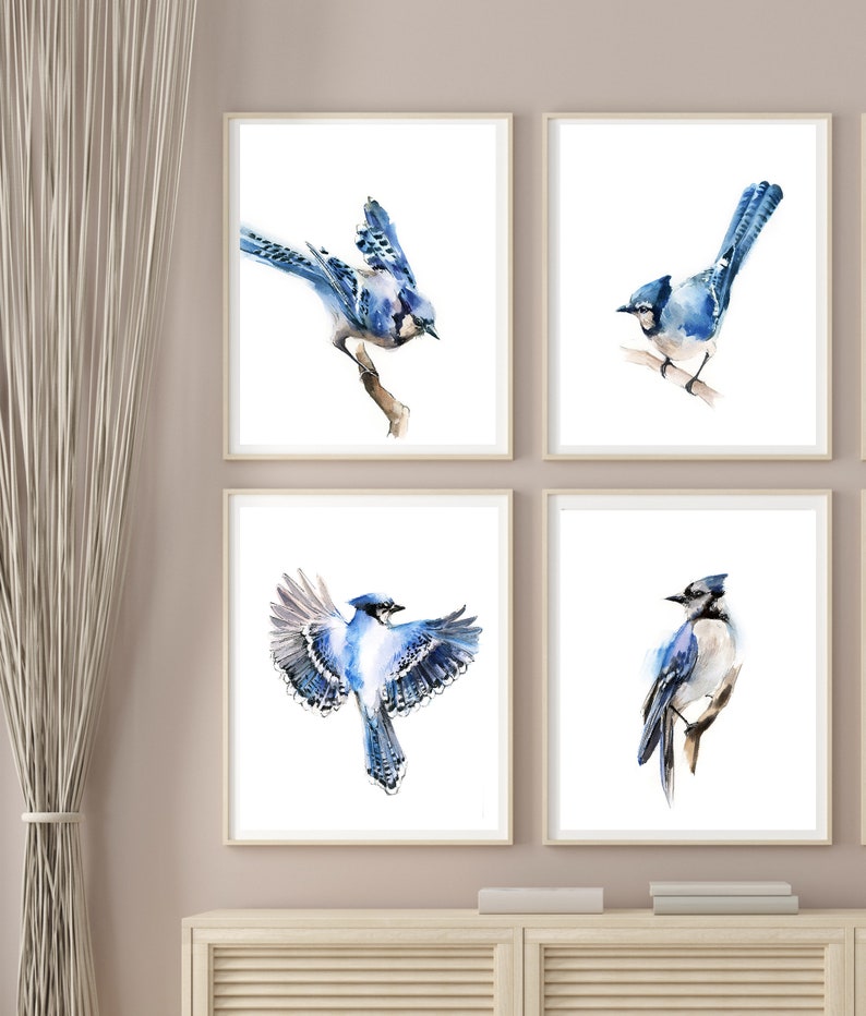 Blue Jay Bird Painting Watercolor Prints, Birds Gallery Wall Set of 4 Fine Art Prints, Bird Wall Art Decor Giclee Prints, Bird Illustrations image 3