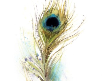 Peacock Feather Fine Art Print - Feather Watercolor Painting wall Decor by CanotStopPainting