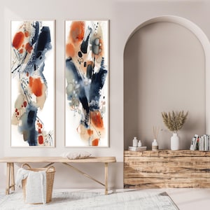 Abstract Long Vertical Art Prints 2 Set, Blue Burnt Orange Wall Art, Stairwell Wall Decor, Tall Wall Decor, Narrow Abstract Painting Art