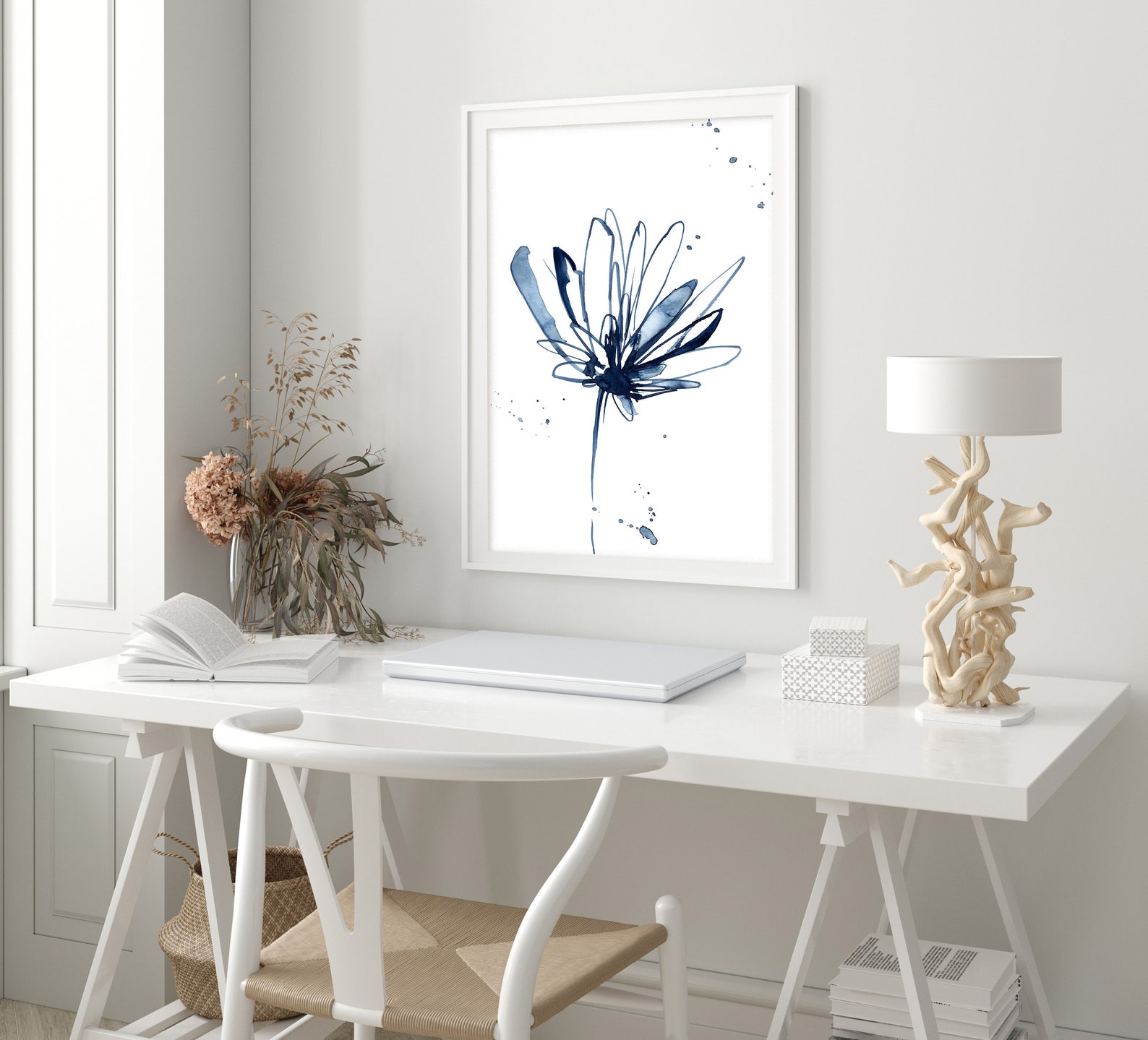 Abstract Watercolor, Navy Blue Flower, Art Print, Watercolor Painting, Minimalsit Art Print