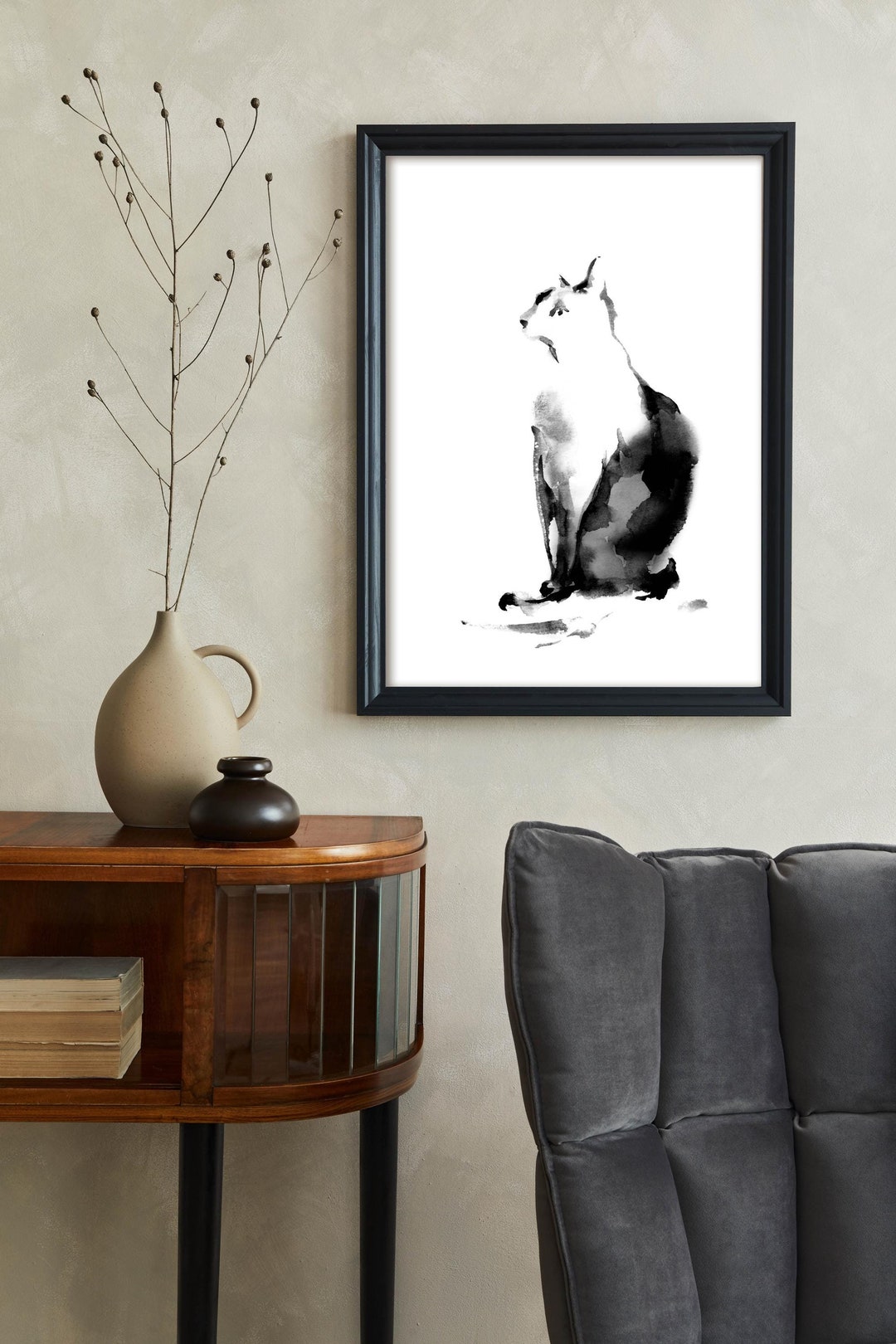 Black Cat Wall Art Print, Minimalist Wall Print, Black and White Cat ...
