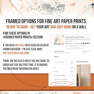 Op de afbeelding: Schermafbeelding van een Etsy-winkelpagina van CanotStopPrints, een kunststudio. De pagina toont ingelijste fine art papierprints, klaar om op te hangen. Tekst moedigt klanten aan om deze opties te vinden in de sectie "FRAMED PAPER PRINTS".