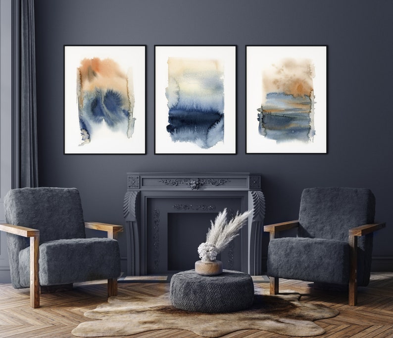 Abstract Landscape Living Room Wall Art Blue Terracotta Etsy