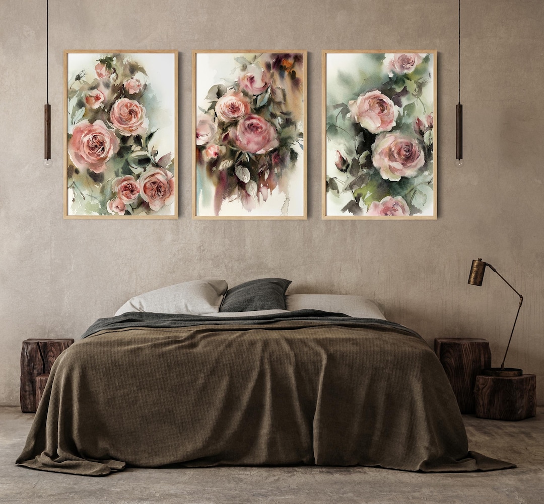 Pink Roses 3 Fine Art Prints Set, Flowers Watercolor Prints, Botanical ...