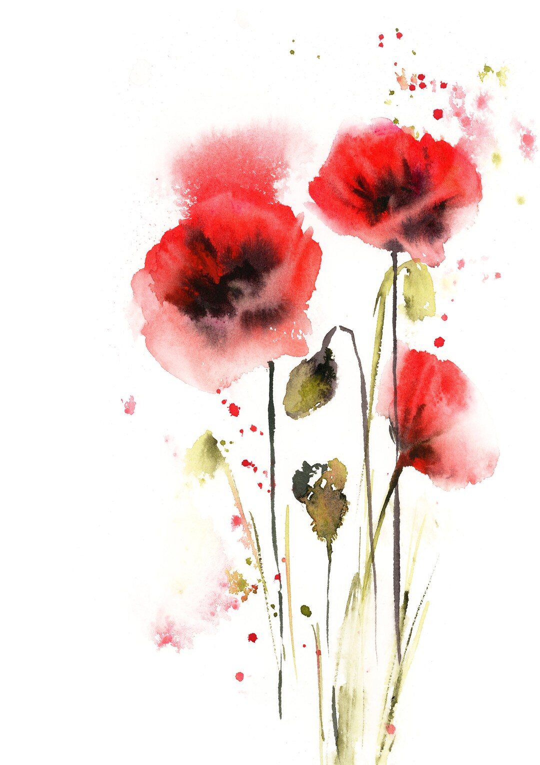 Poppy Wall Art Print, Abstract Flowers Watercolor Painting, Red Florals ...