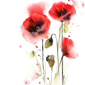 Poppy Wall Art Print, Abstract Flowers Watercolor Painting, Red Florals Print, Botanical Print Extra Large Sizes Wall Decor, Floral Art