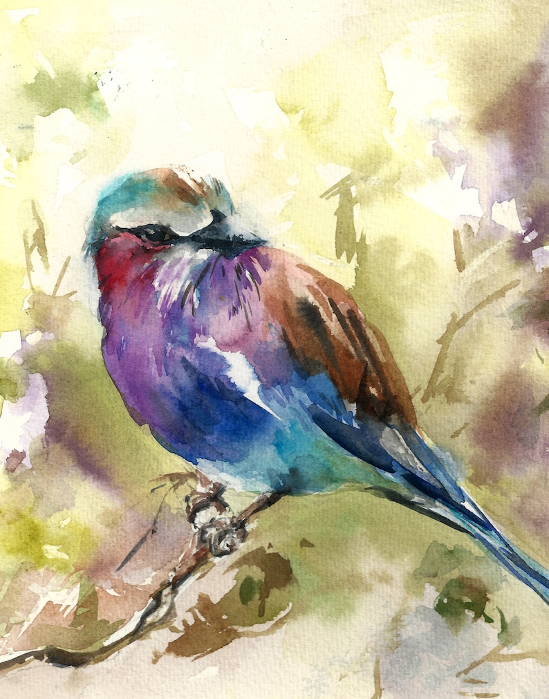 Lilac Tanager Art Print Poster of Bird Wall Fine Art Print Decor Kids Room Interior Art Colorful Bird Loose Style Watercolor Painting