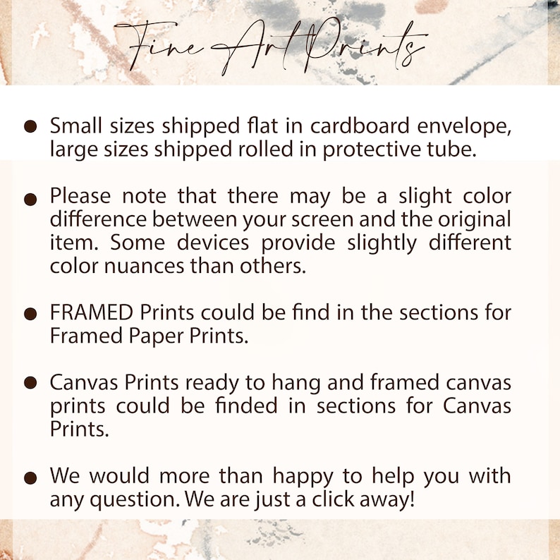 Puede incluir: Texto "Fine Art Prints" sobre fondo beige. Vi&ntilde;etas detallan tama&ntilde;os, variaciones de color y tipos de impresi&oacute;n, incluyendo opciones enmarcadas y en lienzo. El texto anima a preguntar.
