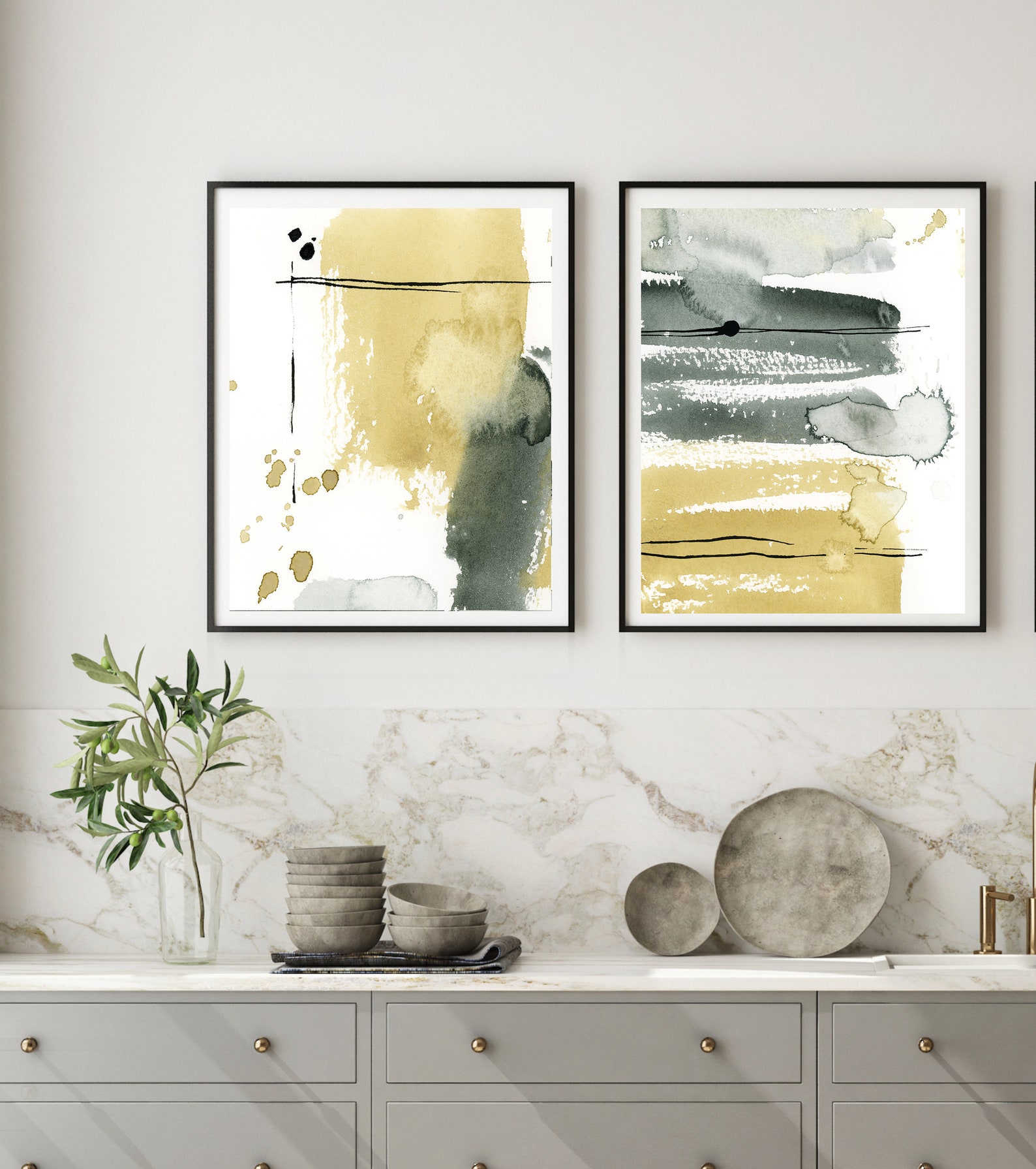 Abstract Yellow Green Set of 2 Fine Art Prints Gallery Wall Etsy
