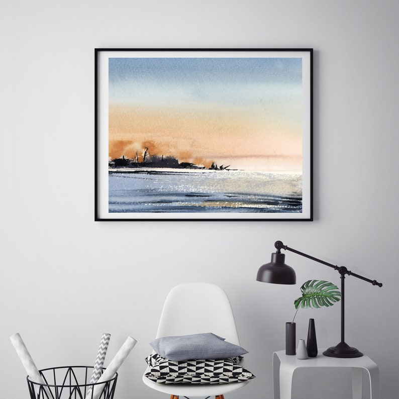 Seascape Minimalist Wall Art Print Calming Nature Blue Orange Etsy