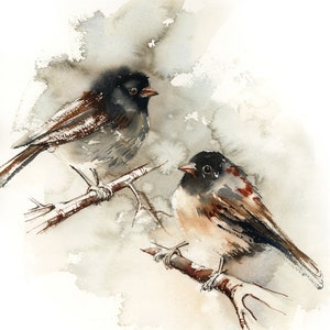 May include: Watercolor painting of two small birds perched on a branch. The birds have black heads, gray and brown wings, and are set against a soft, watercolor background. The artwork is a nature-themed illustration.