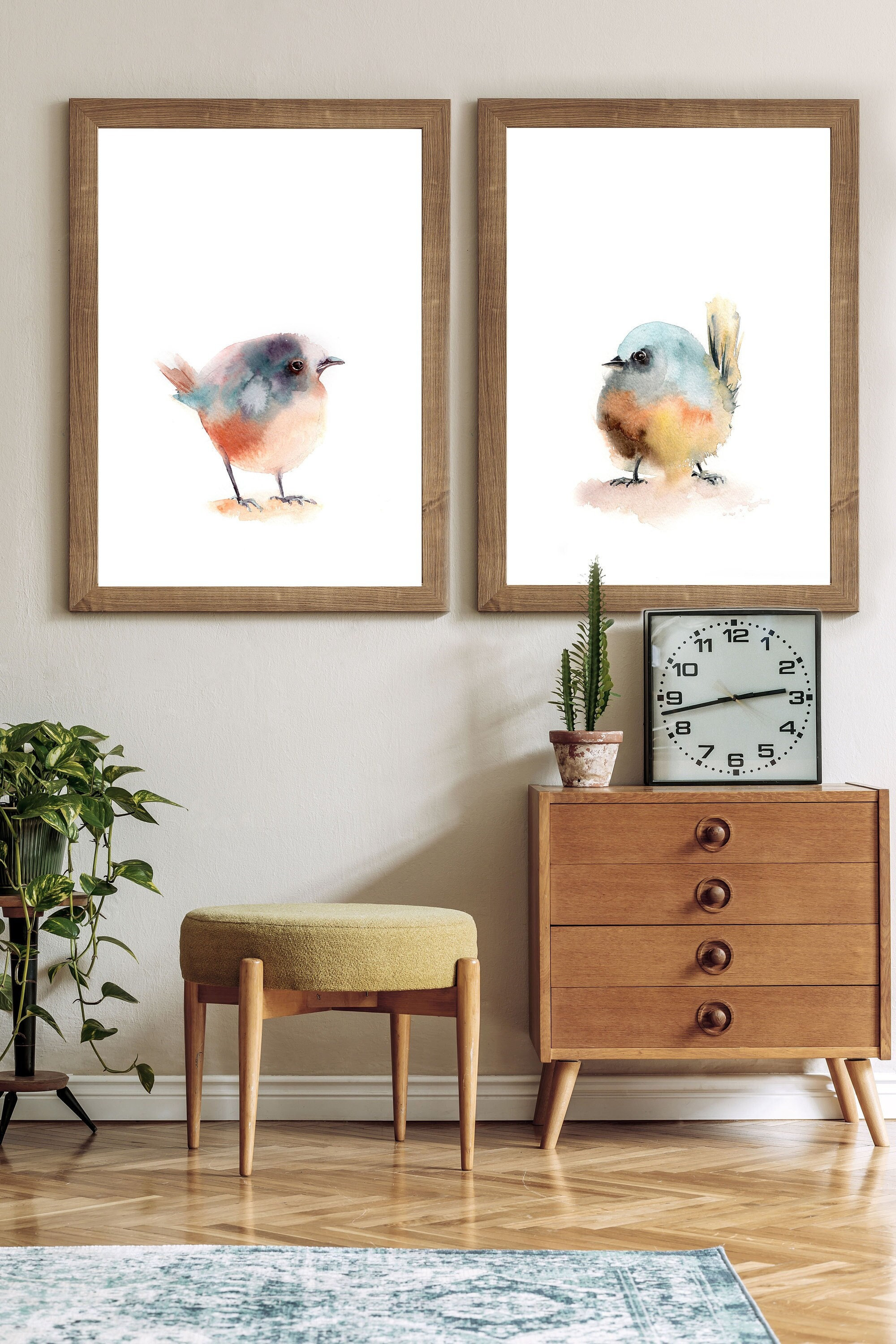 Cute Simple Birds Watercolor Prints, 2 Prints Gallery Wall Set, Bird Paintings, Pastel Tones Toddler Room Wall Decor, Bird Fine Art Prints