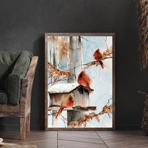 Cardinal Birds Fine Art Print, Northern Cardinals Painting, Winter Scene Wall Decor Print, Holiday Decor Canvas Print, State Birds Wall Art