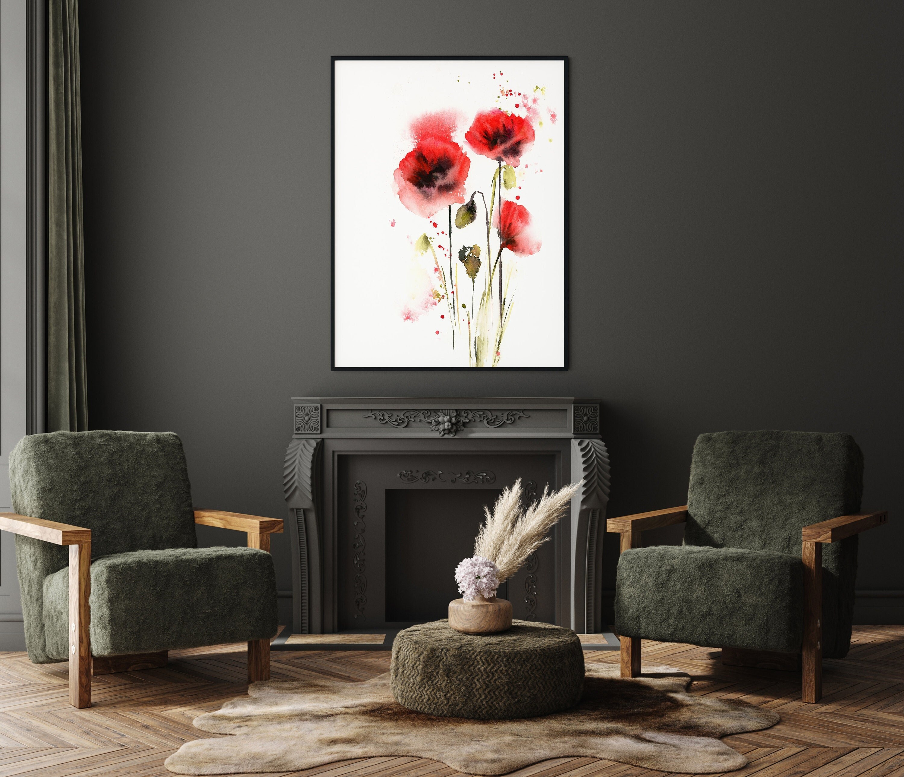 Poppy Wall Art Print, Abstract Flowers Watercolor Painting, Red Florals ...
