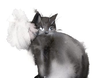 Stampa artistica con silhouette di gatto nero, acquerello di gatto bianco e nero, decorazione da parete con gatto stregone