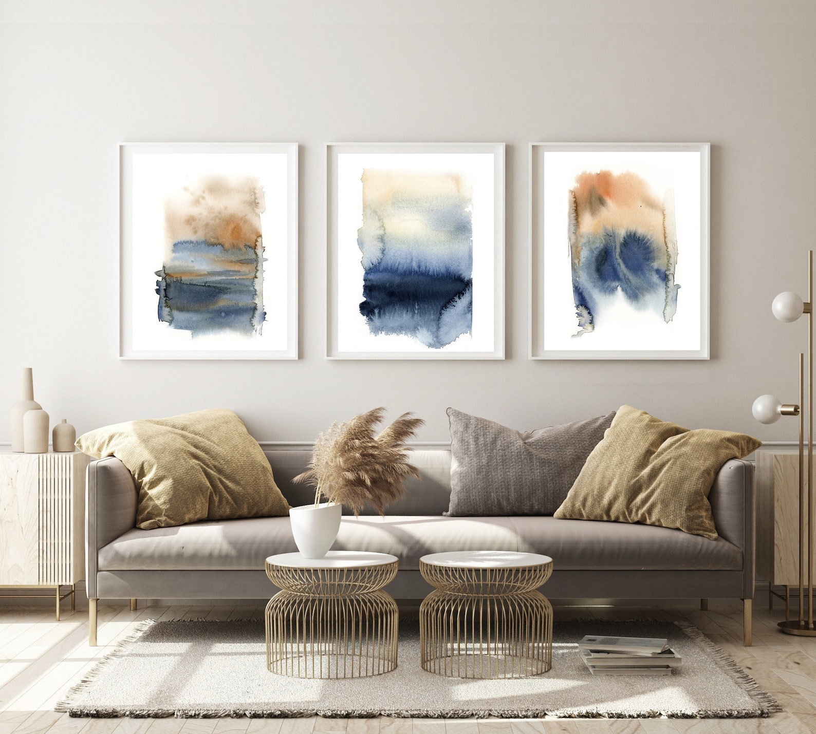 Abstract Landscape Living Room Wall Art Blue Terracotta Etsy