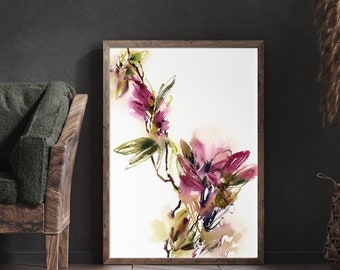 Botaniskt konsttryck, löst blommigt akvarelltryck, abstrakt blommålning, botanisk väggdekor