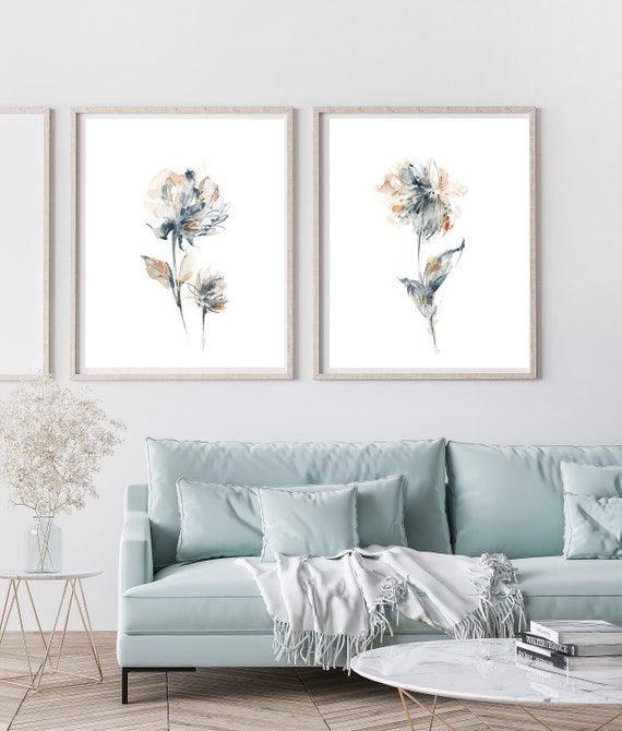 Abstract Flowers Prints Set Florals in Nordic Blue and Peach - Etsy