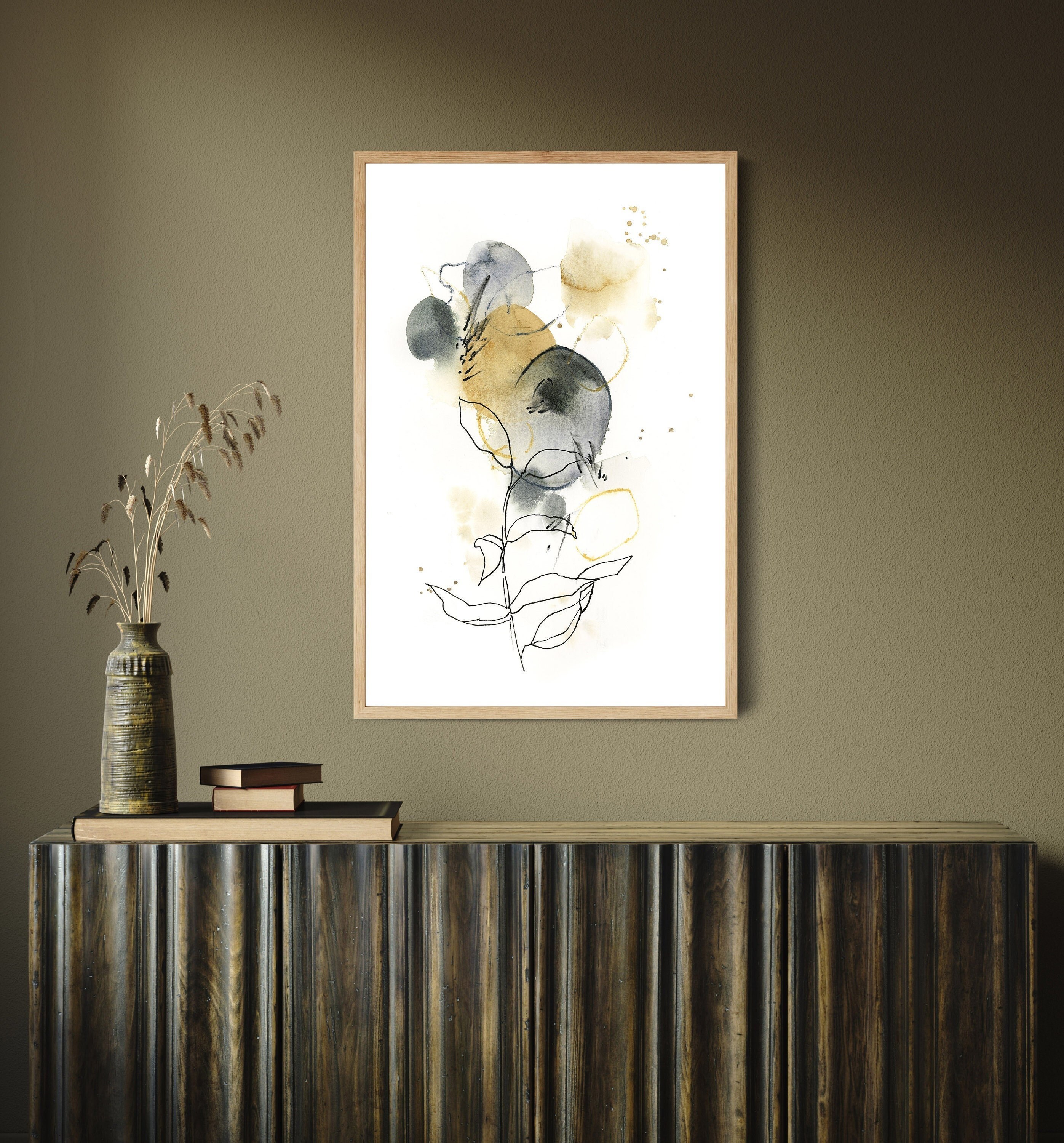 Abstract Botanical Wall Art Print, Mustard Yellow and Green Watercolor ...