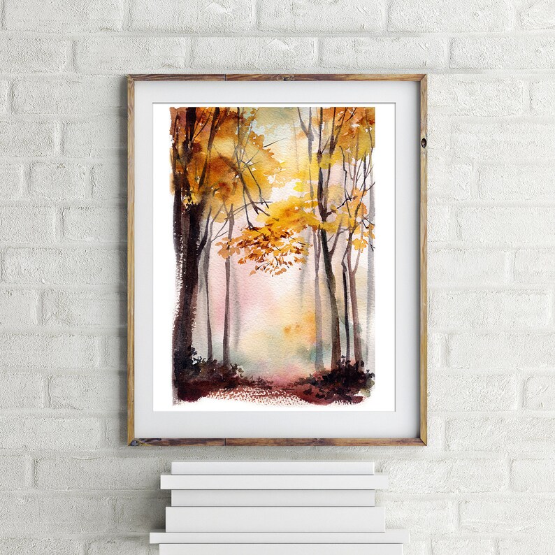 Autumn landscape art print forest watercolor painting art | Etsy