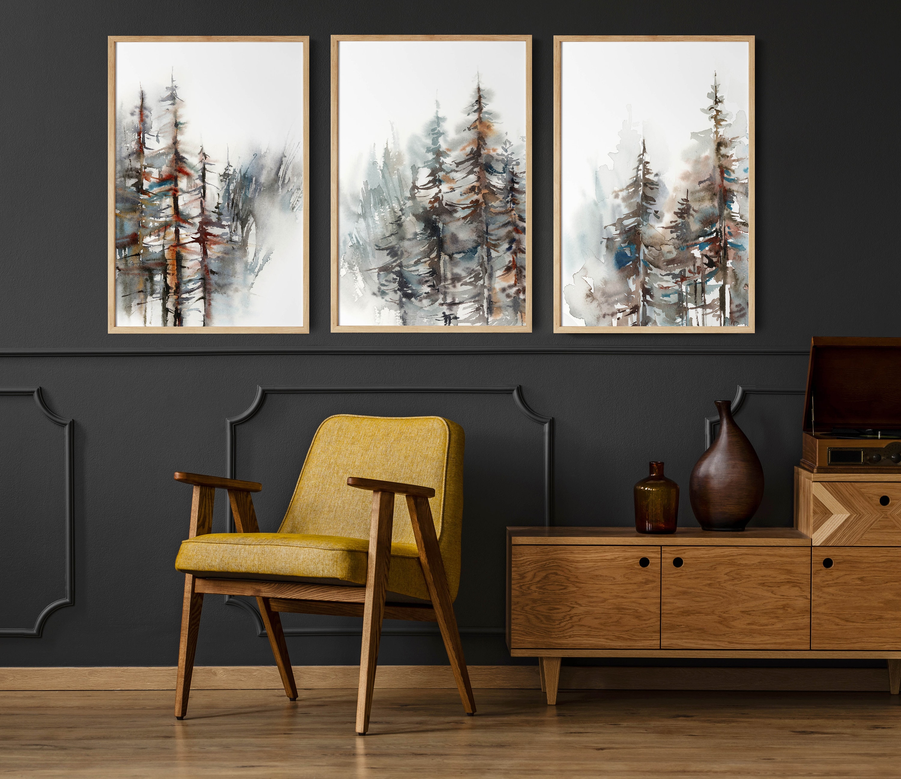Pine Forest 3 Art Prints Set, Nature Landscape Trees Watercolor ...