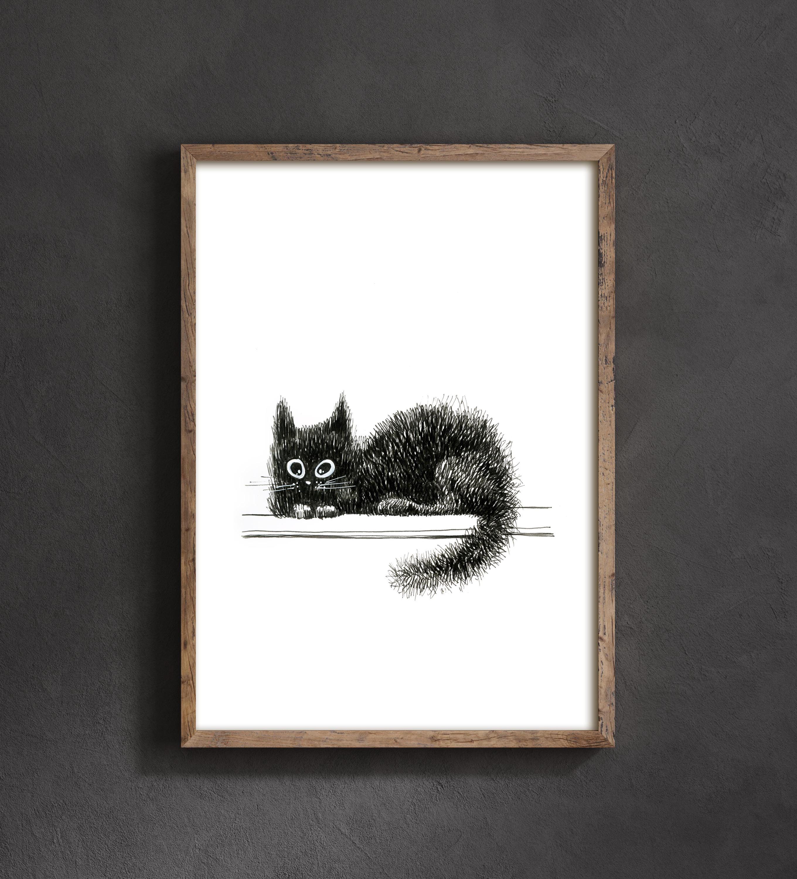 猫のイラストのファインアートプリント、白黒猫の絵のアート、壁アート