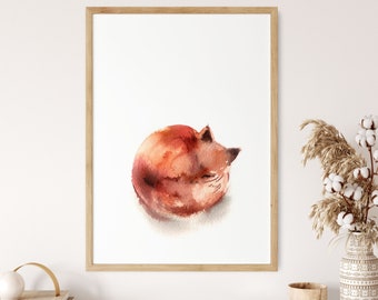 Cute Fox Print, Watercolor Painting, Fox Art, Woodland Wall Art Print, Animal Fine Art for Nursery Wall Decor, Sleeping Fox Illustration