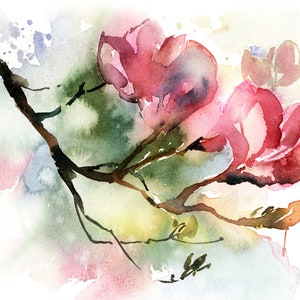 Magnolia Horizontal Wall Art Print , Magnolia Wall Art, Spring Watercolor Painting, Pink Magnolia Decor, Magnolia Tree Fine Art Print
