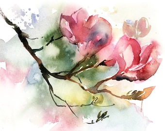 Magnolia Fine Art Print, Pink Spring Blossoms Watercolor Painting, Magnolia Tree Wall Decor