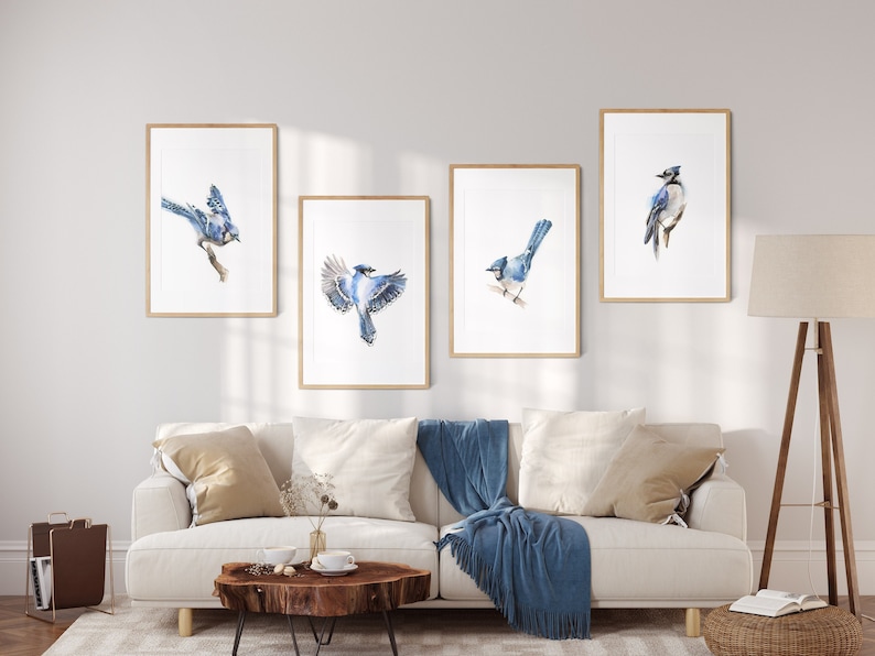 Blue Jay Bird Painting Watercolor Prints, Birds Gallery Wall Set of 4 Fine Art Prints, Bird Wall Art Decor Giclee Prints, Bird Illustrations image 1