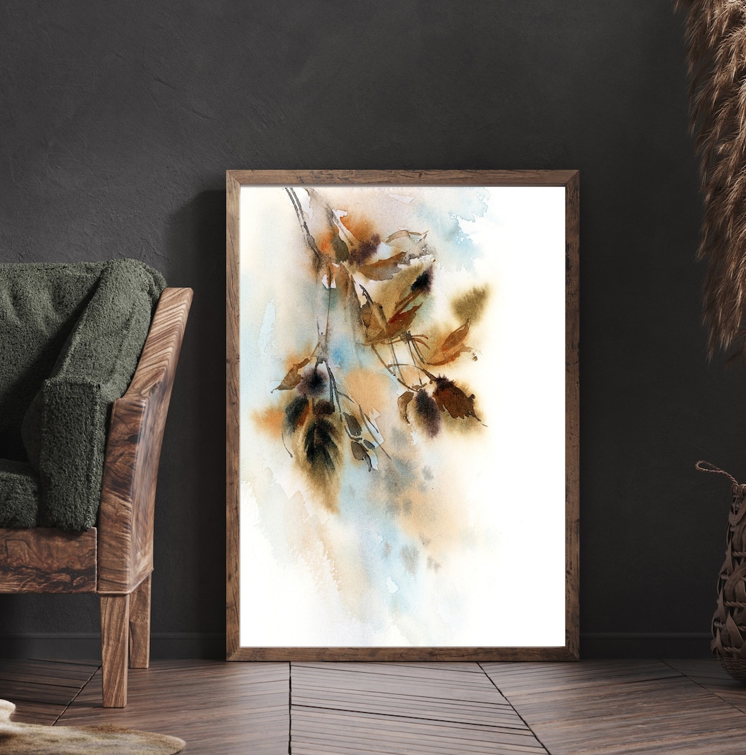 Nature Orange Teal Wall Art, Watercolor Painting, Nature Autumnal Watercolor, Leaf Art Prints
